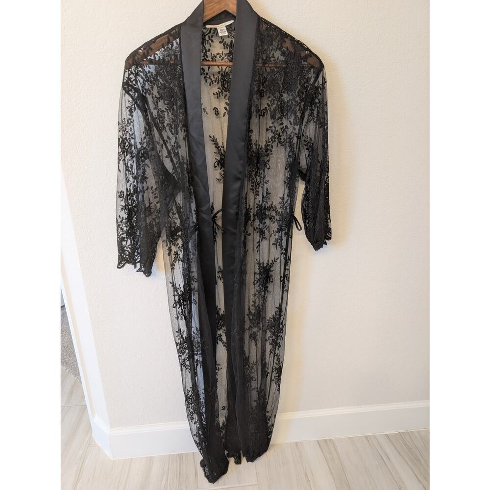 Romantic Black Lace Robe with Satin Collar & Sash Rya Collection - Size XS/S